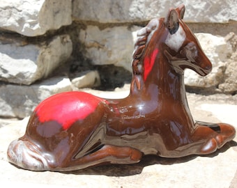 Vintage Mid Century Modern Drip Glaze Lava Glaze Red Clay Pottery Horse