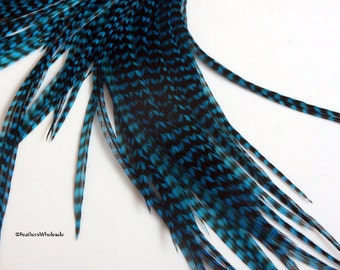 10 XL Grizzly Feathers Dyed Turquoise Blue Feather Hair Extensions Fly Tying Hackle Plume Cheveux Turquoise Hair Feathers Extra Long 11-13"