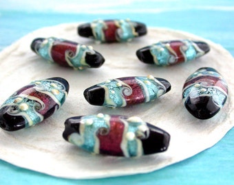Last 6 ~ Glass Lampwork Beads, Oval Shaped Lamp Work Beads, Hand Crafted Silver Foil Glass Beads, Aqua Blue White Amethyst Black GB-046