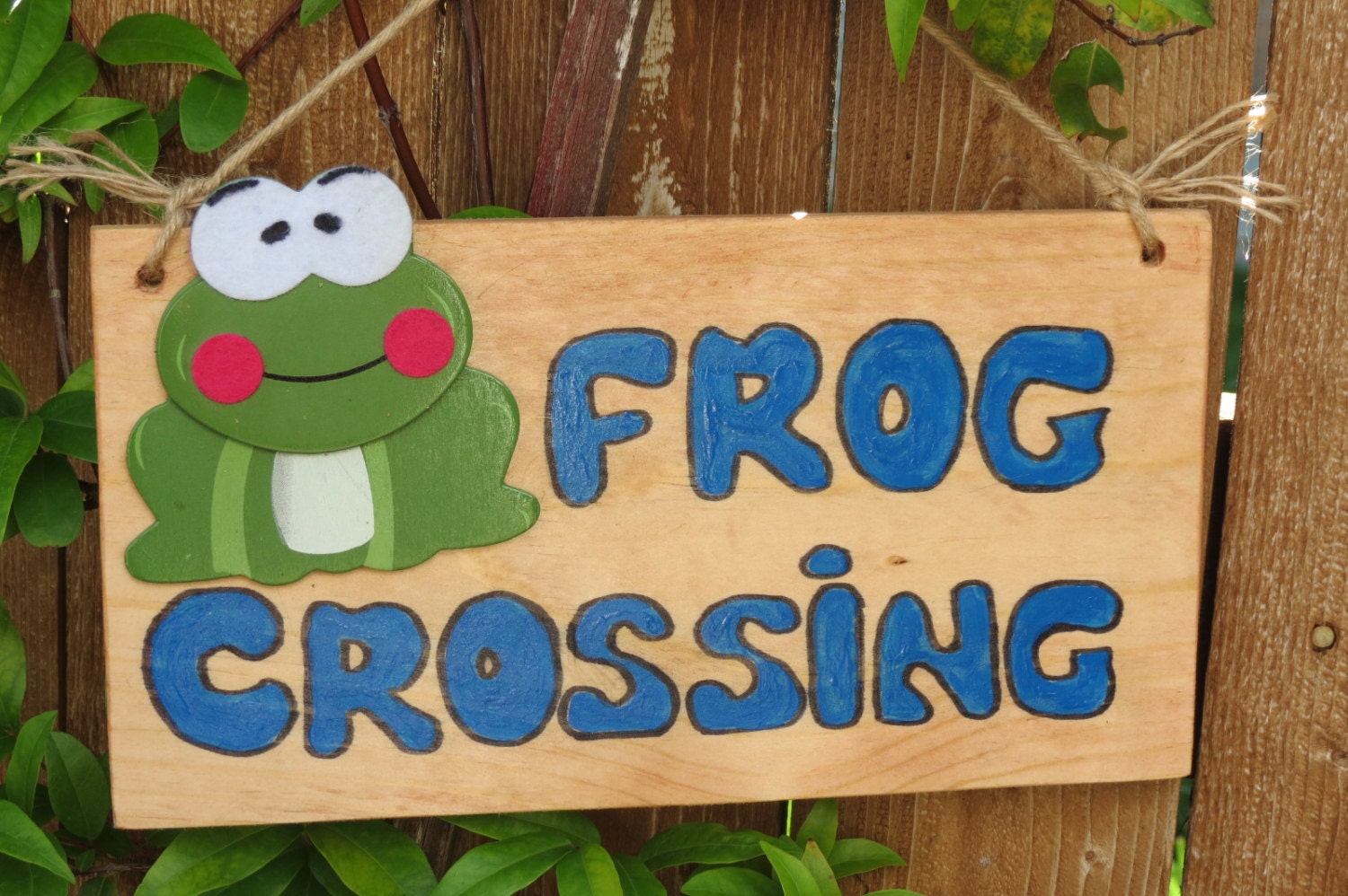 Frog Crossing sign wooden frog attached fun garden sign