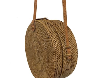 Handwoven Medium Bali Round Rattan Beach Bag with Button Clip