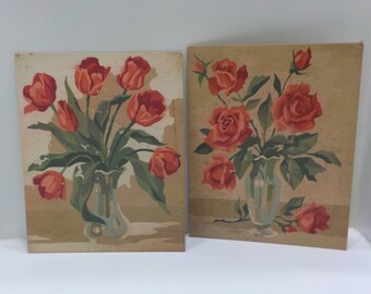Vintage Paint-By-Number Set (16-A) Two 8 x 10 Oil Paintings Of Tulips and Roses--Unfinished