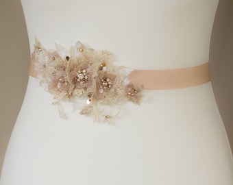 Wedding dress sash, Wedding belt, Rose Gold sashes belts, Lace belt, Flower bridal belt, Wedding sash belt