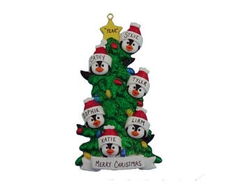 6 Penguin Family Personalized Ornament - Family Ornament for Six - Family Christmas Ornament
