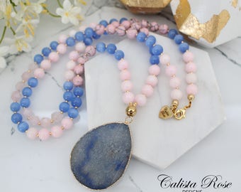 Blue and pink necklace Pink Beaded Gemstone necklace Blue Agate necklace Rose quartz necklace Long pink Necklace - Rose Quartz Serenity