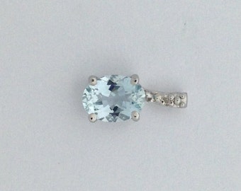 Natural Aquamarine with Natural Diamond Pendant 925 Sterling Silver. March Birthstone