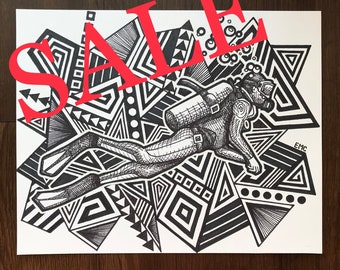 Scuba Diver Drawing, Scuba Diver Illustration, Scuba Diver, Unique Scuba Diver Gift, Scuba Diver Wall Art