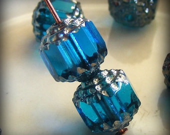 Czech Glass Cathedral Beads 8mm Fire Polish Aqua with Silver (Qty 8) SRB-8FPC-A