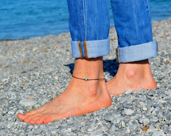 Mens Anklet, Mens Beaded Anklet, ankle bracelet for men, Anklet for men, Minimal Anklet for him, Gift for him, black cord, Surfer Jewelry