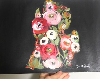 Black floral Michigan print 11x14in