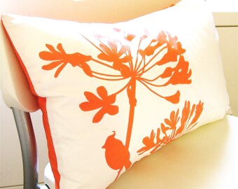 Orange Print on Off- White Cardinal on Agapanthus Rectangle Pillow