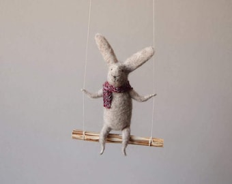 Swinging Bunny, Needle Felted Bunny, Nursery Decoration, Baby Crib Mobile, Hanging Bunny, Baby Mobile