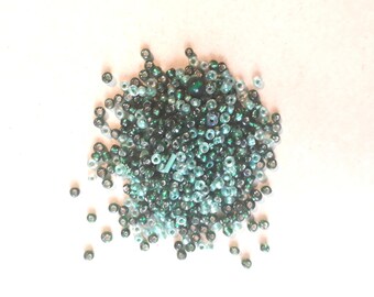 Mixed seed beads glass, green beads, mix de-stash clearout 25g made in India and fairtrade