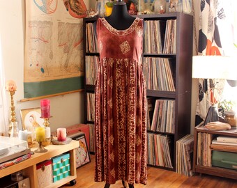 boho 90s fetival dress . brown rayon maxi dress, sleeveless tank dress by Suka Duka . womens M L
