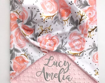 Personalized Baby Blanket - Minky Baby Blanket - Baby Blanket with Name - Monogram Baby Blanket - Floral Baby Blanket - Baby Girl Blanket