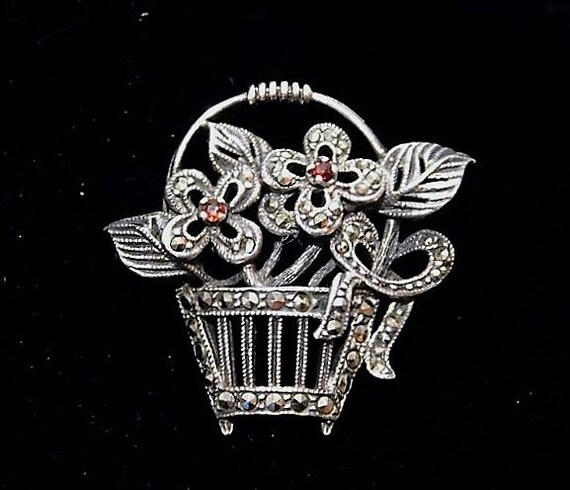 Rose Cut Garnet Marcasite Brooch / January Birthstone / Sterling Silver
