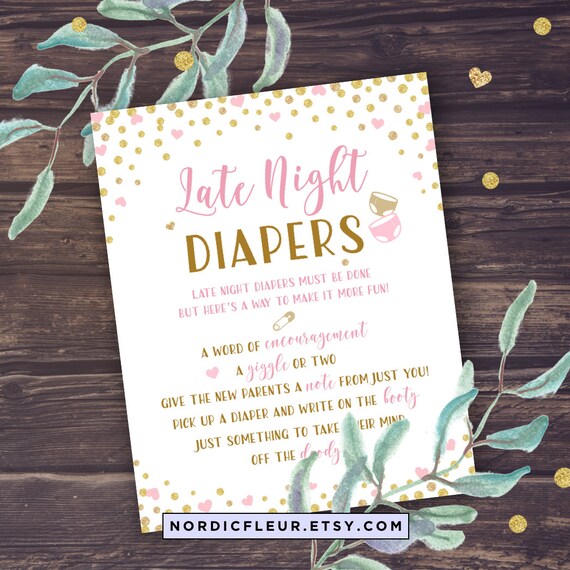 Late Night Diapers Baby Shower Game Printable Pink and Gold
