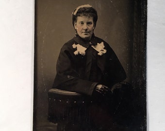 Tintype of a Woman in Fashionable Winter Attire, 19th Century Photograph, Antique Tintype Photo