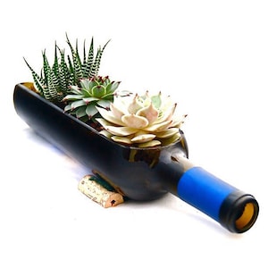 Cobalt Blue sliced Wine Bottle Planter! Beautiful unique planter, Cand dish,Weddings