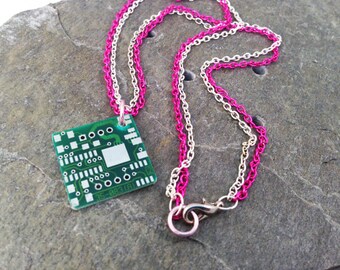 Hot Pink Reclaimed Circuit Board Necklace, Nerdy Jewelry, Recycled Computer Parts, Fuchsia Neon Pink and Silver Tone Double Chain 18"