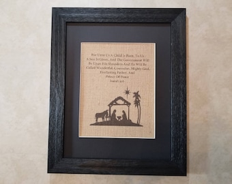 For Unto Us A Child Is Born, Christmas Decor, Burlap Print, Religious Christmas, Isaiah 6:9