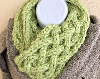 Green Cable Knit Scarf, Long Knitted Scarf, Chunky Scarf, St. Patricks Day Scarf, Celtic Scarf, Lucky Scarf, Womens Scarf, Mens Scarf