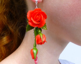 Red earrings Long earrings Flower earrings Red jewelry Red flower earrings Summer earrings Rose earrings Flowers jewelry gifts for women