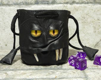 Dice Bag Marble Bag Fairy Pouch With Monster Face RPG Drawstring Bag Rune Bag Magic The Gathering Gamer Gift Black Leather 37