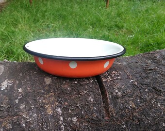 Soviet Vintage enamel Red Orange Polka Dot bowl,retro home decor,vintage enamel plate, Soviet enamel red orange polka dot plate,Made in USSR