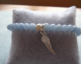 8 inch Angelite and 925 Sterling Silver Bracelet, Angel Wings
