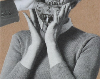 Nerd Art Mini Collage on Wood Block - Original Paper Collage, Surreal Collage Computer Brain and Hands - Geek Collage, Retro Computer