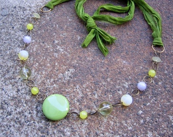 Eco-Friendly Silk Ribbon Statement Necklace - Garden Party - RIbbon from Recycled Saris, Vintage Beads in Grass Green, Pale Yellow and Lilac