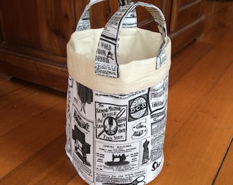 Vintage Newspaper Medium 21cm x 19cm With Handle Fabric Storage Container,Black, Cream & Calico