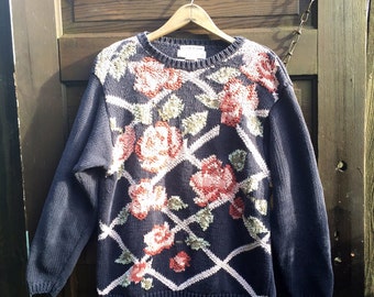 Vintage 90's Women's Black Floral Latice Pullover Sweater by Chrysantheme size medium