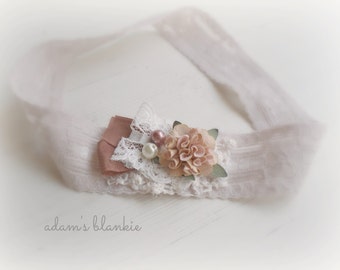 Angelina - Light Taupe Gray Cream Brown Lace Headband - Vintage Style - Flower Pearls - Girls Newborns Baby Infant Adults