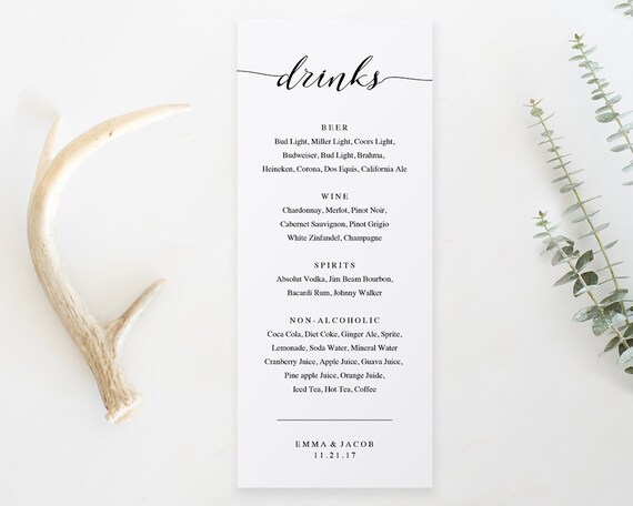 Drink Menu Template Printable Wedding Drink Menu Alcohol
