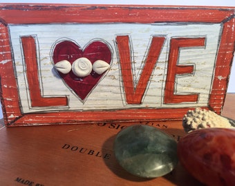 Wood block mixed media artwork- encaustic love sign