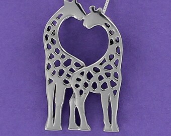 Kissing Giraffes Necklace - 925 Sterling Silver on Sterling Box Chain