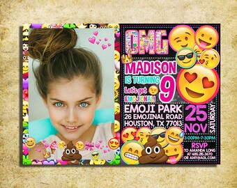 Emoji Invitation - Emoji Icons Chalkboard Birthday Party Invite With Photo - Printable And Digital File