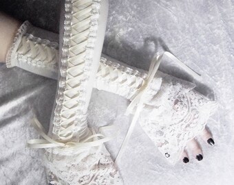 Ivory Towers Victorian Corset Laced Up Arm Warmers | Pale Ivory Cream | Double Layered Lace | Steampunk Pirate Dark Rococo Gothic Goth