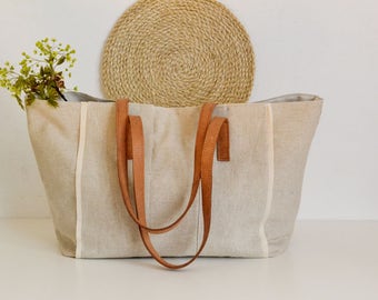 Linen Tote Bag,Linen Beach bag, Beach tote bag, French Market bag, Boho bag ,Leather handles bag, Mother's day , Natural linen bag, Handbag