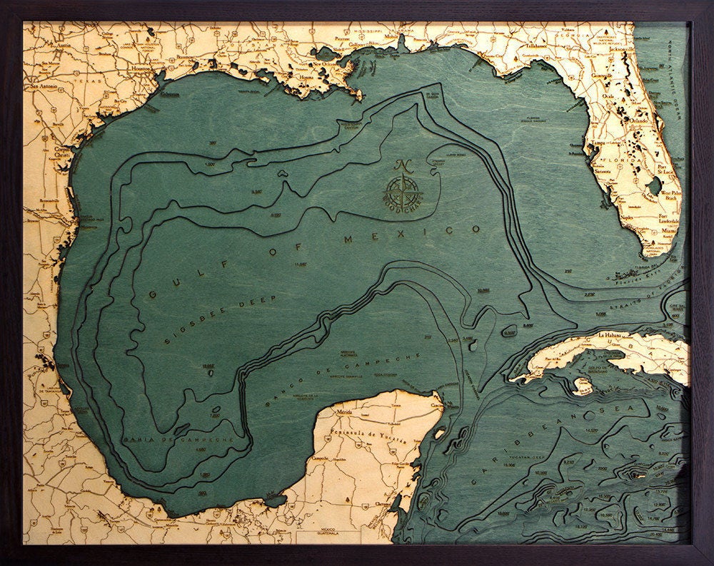 gulf of mexico wood carved topographic map