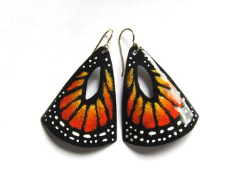 Monarch butterfly wing earrings handpainted in enamel Bohemian nature inspired jewelry Orange statement earrings Vitreous enamel