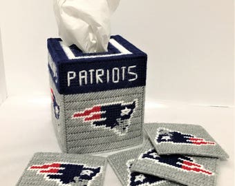 New England Patriots Football Fan Tissue Box Cover Coaster Set Plastic Canvas Handmade - New England NFL - Tissue Box Cover - Coaster Set