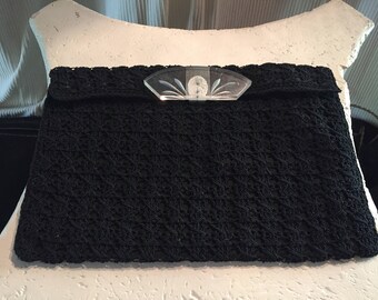1940’s Corde Black Crochet Envelope Purse Art Deco Lucite Clasp