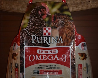 Recycled feed sack Apron w/red polka dot ties with chicken/hens for kitchen/chef/farm style