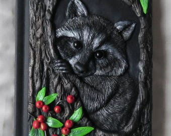 Raccoon, polymer journal, fantasy, berries, tree, forest, 200 blank pages