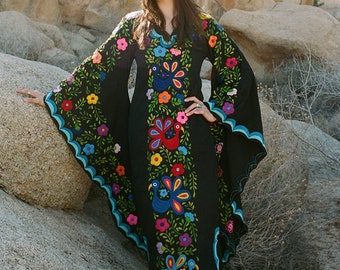 Black & Blue Mexican Wedding Dress, Boho wedding gown, Maxi Caftan Dress, Mexican embroidery, beach wedding,