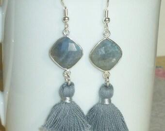 Labradorite Earrings, Gemstone Tassel Earrings, Grey Tassel Earrings, Tassel Jewelry, Labradorite Tassel Earrings