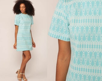 60s Mini Dress Mod Shift Striped Zig Zag 1960s Twiggy Vintage Short Sleeve Sixties Minidress Blue Large